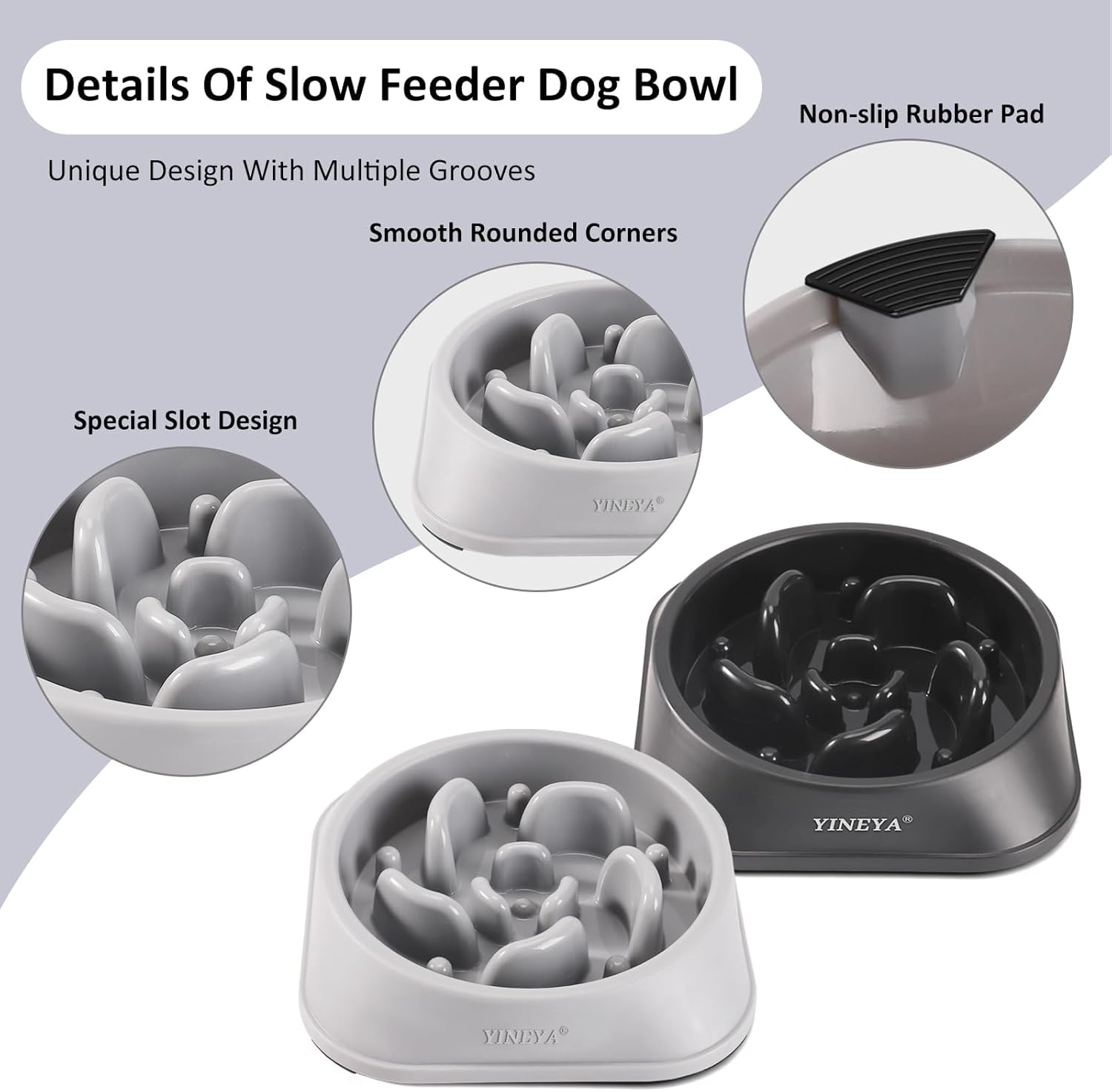 YINEYA 2PCS Slow Feeder Dog Bowls, Pet Supplies that Slow Down Eating, Pet Food Bowls, Maze Dog Puzzle Feeder for Medium Breed, Gray&Black, Medium