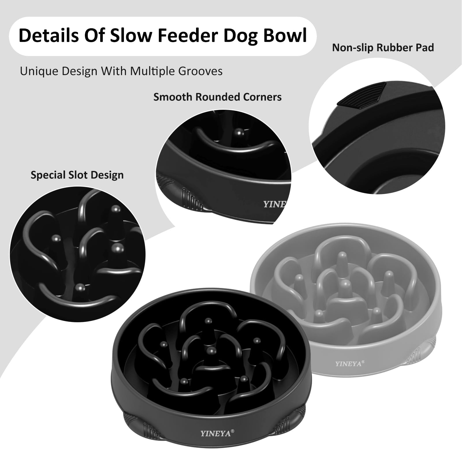 YINEYA 2PCS Slow Feeder Dog Bowls, Pet Supplies that Slow Down Eating, Pet Food Bowls, Maze Dog Puzzle Feeder for Medium Breed, Gray&Black, Medium