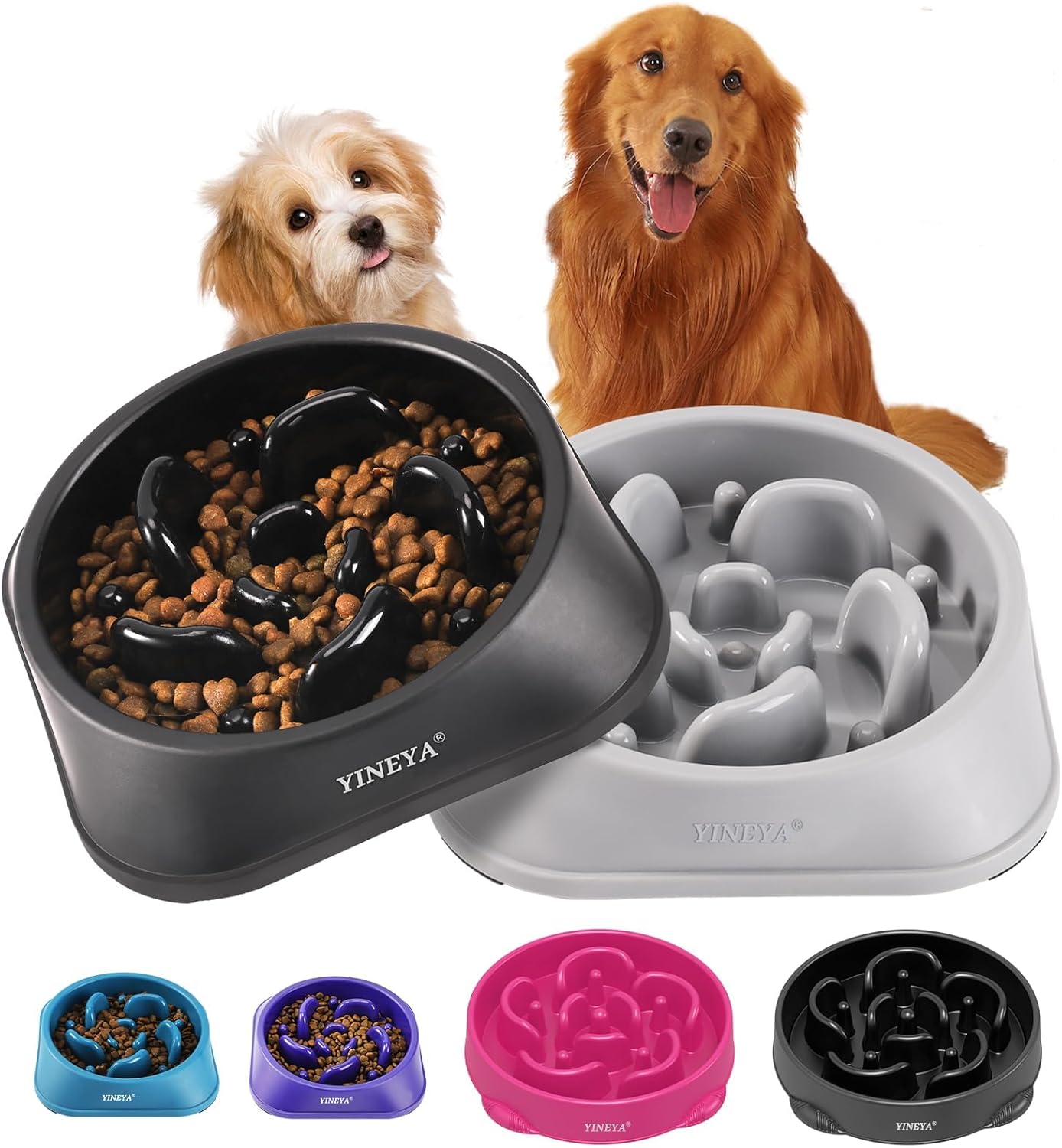 YINEYA 2PCS Slow Feeder Dog Bowls, Pet Supplies that Slow Down Eating, Pet Food Bowls, Maze Dog Puzzle Feeder for Medium Breed, Gray&Black, Medium