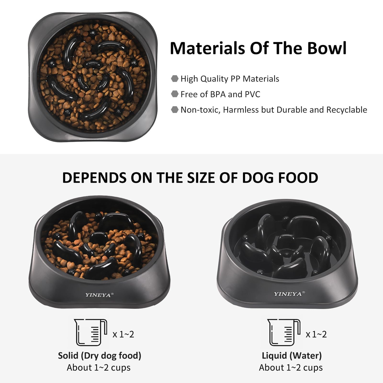 YINEYA 2PCS Slow Feeder Dog Bowls, Pet Supplies that Slow Down Eating, Pet Food Bowls, Maze Dog Puzzle Feeder for Medium Breed, Gray&Black, Medium