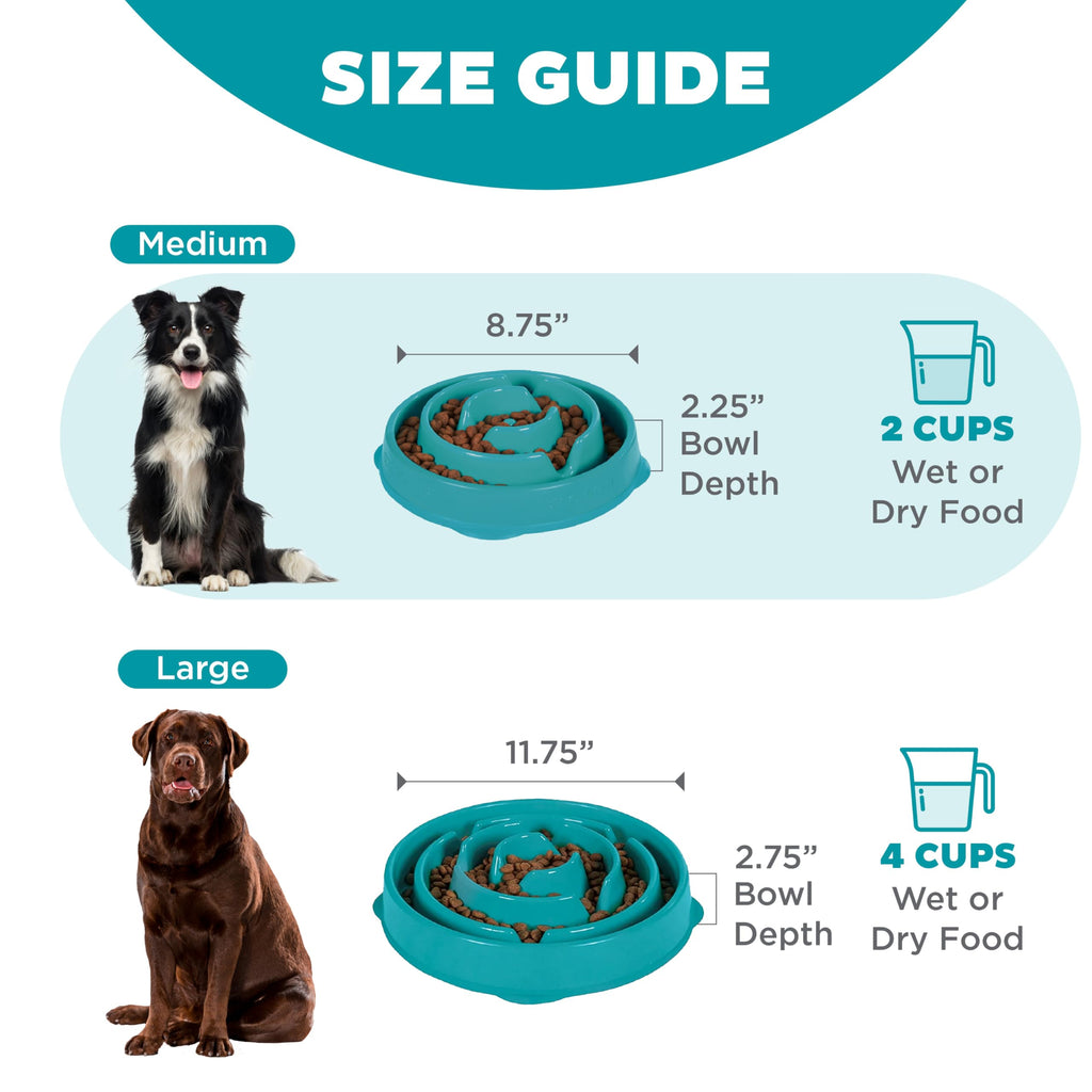 Fun Feeder Slo Bowl – Large 4‑Cup Capacity, Slow Feeding, Medium to Large Dogs, Non‑Slip, Turquoise, Drop Pattern