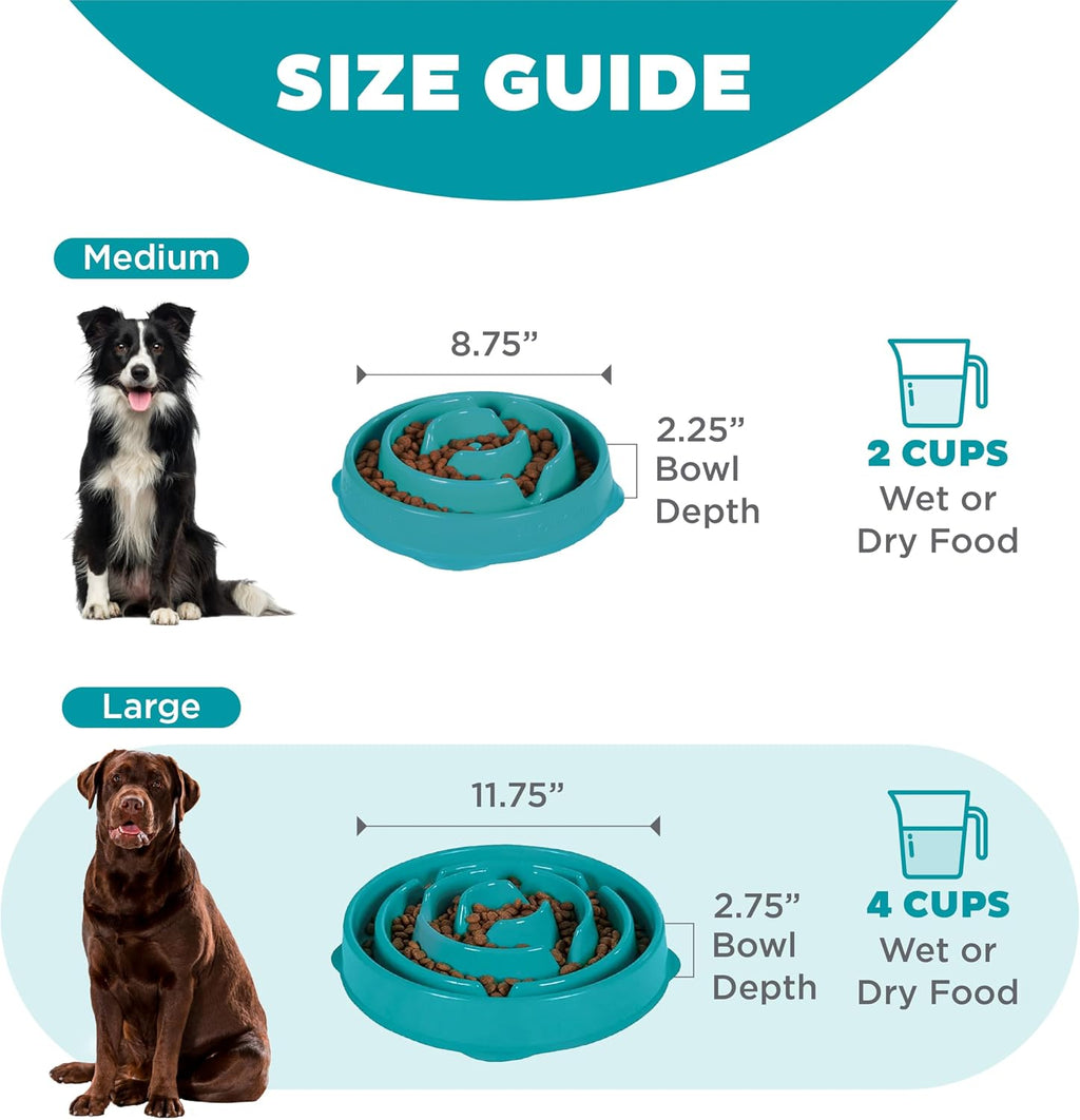 Fun Feeder Slo Bowl – Large 4‑Cup Capacity, Slow Feeding, Medium to Large Dogs, Non‑Slip, Turquoise, Drop Pattern