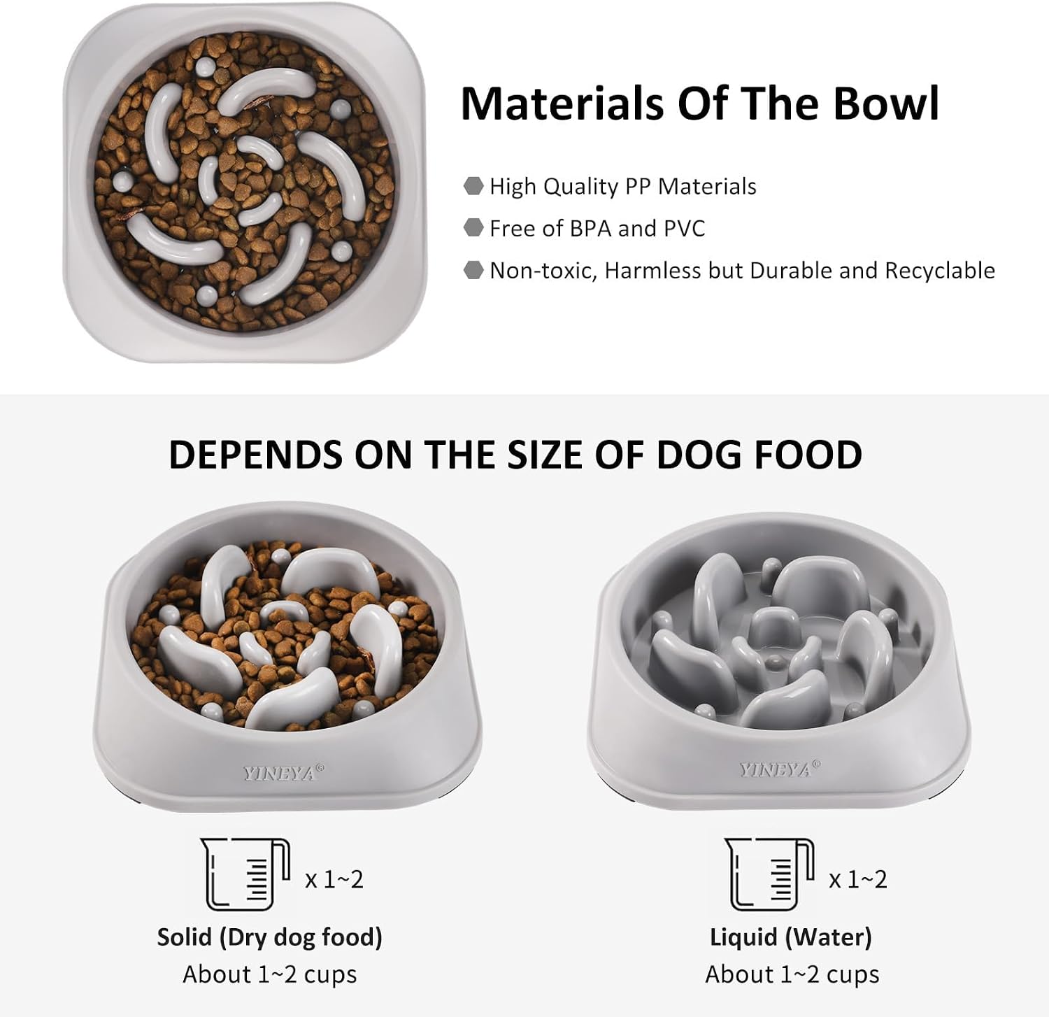YINEYA 2PCS Slow Feeder Dog Bowls, Pet Supplies that Slow Down Eating, Pet Food Bowls, Maze Dog Puzzle Feeder for Medium Breed, Gray&Black, Medium