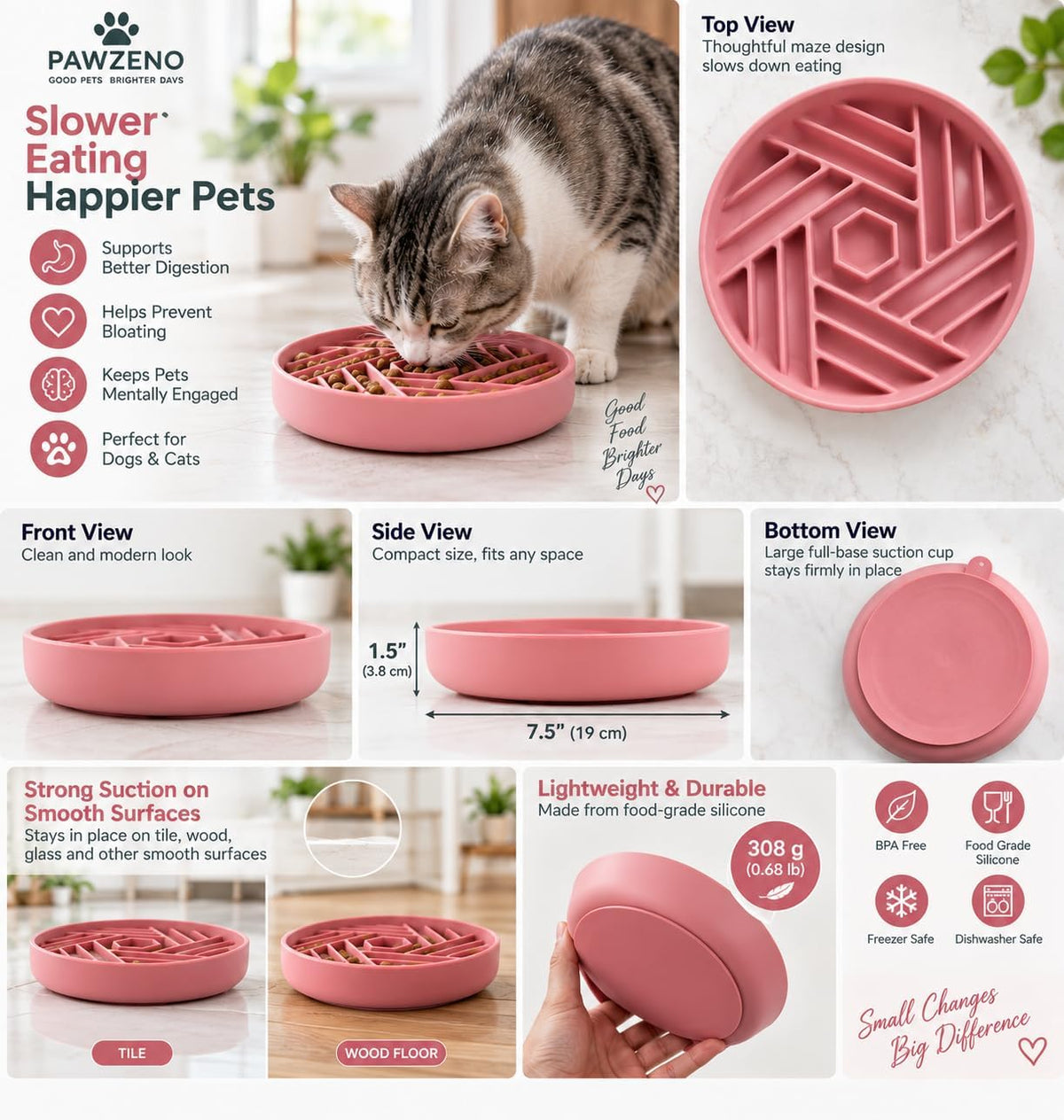 Silicone Slow Feeder Dog Bowl with Suction Cup Base (Pink)