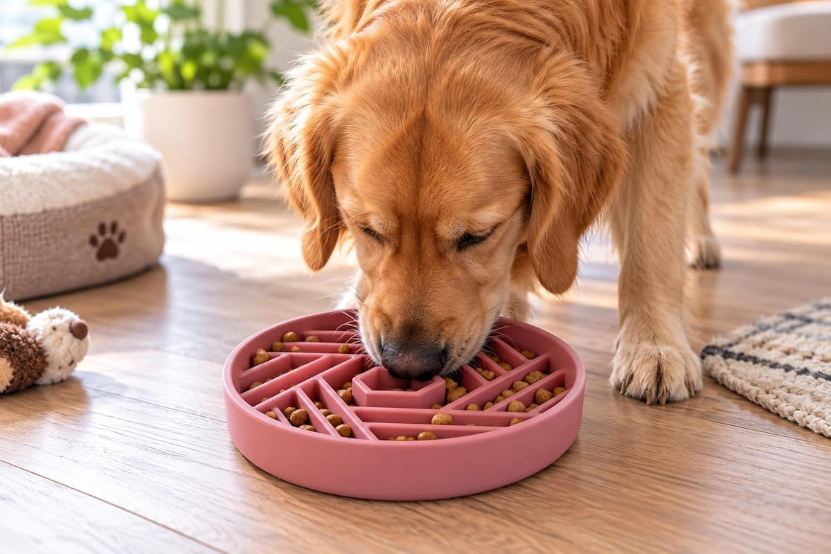 Silicone Slow Feeder Dog Bowl with Suction Cup Base (Pink)