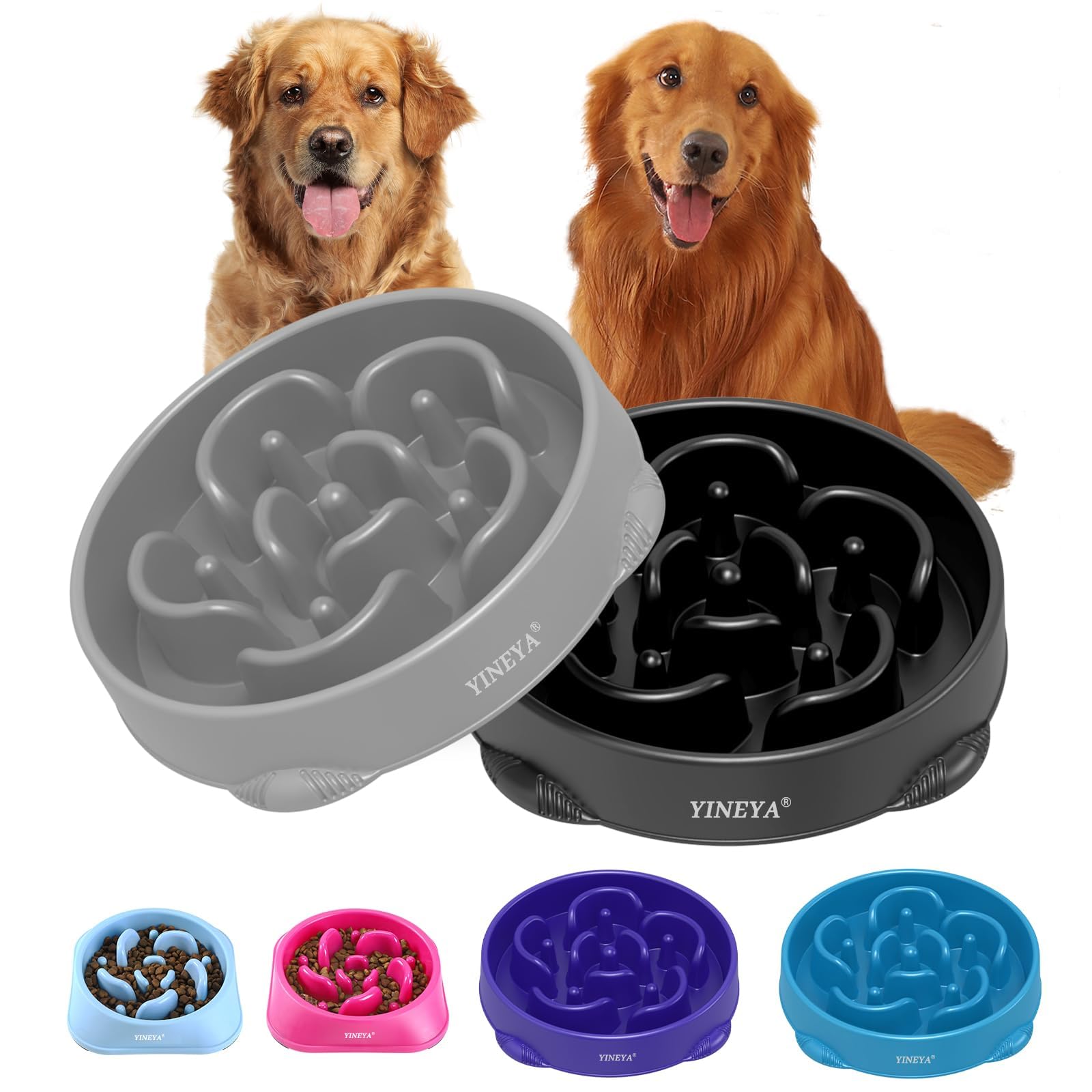YINEYA 2PCS Slow Feeder Dog Bowls, Pet Supplies that Slow Down Eating, Pet Food Bowls, Maze Dog Puzzle Feeder for Medium Breed, Gray&Black, Medium