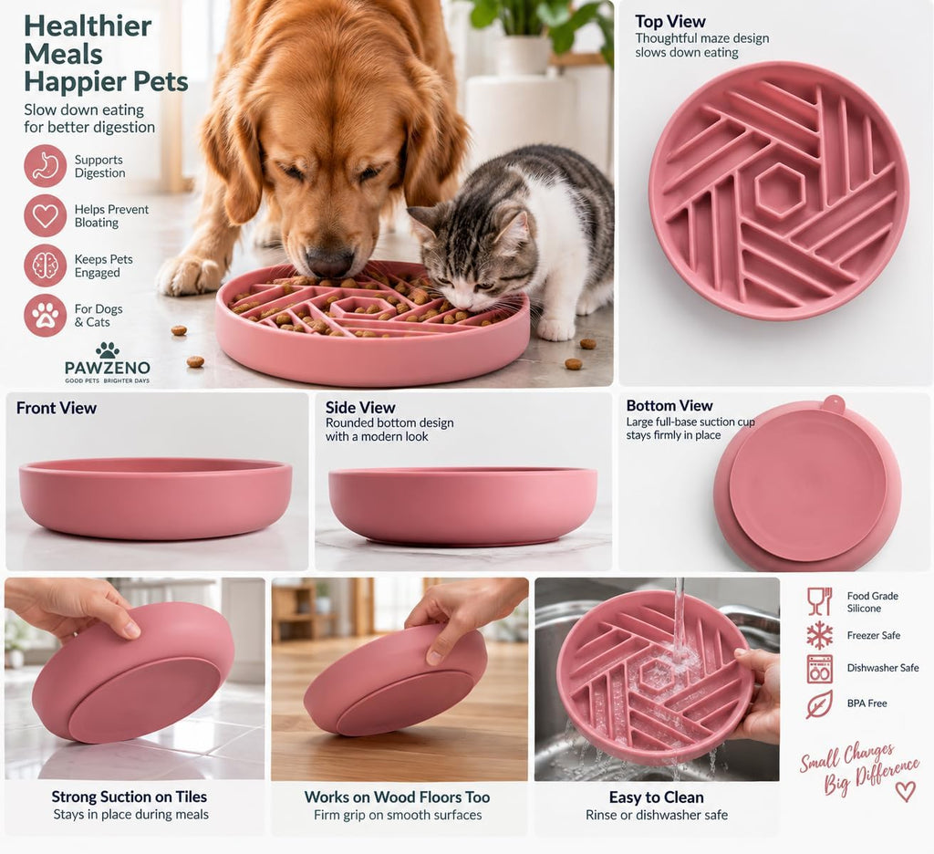 Silicone Slow Feeder Dog Bowl with Suction Cup Base (Pink)