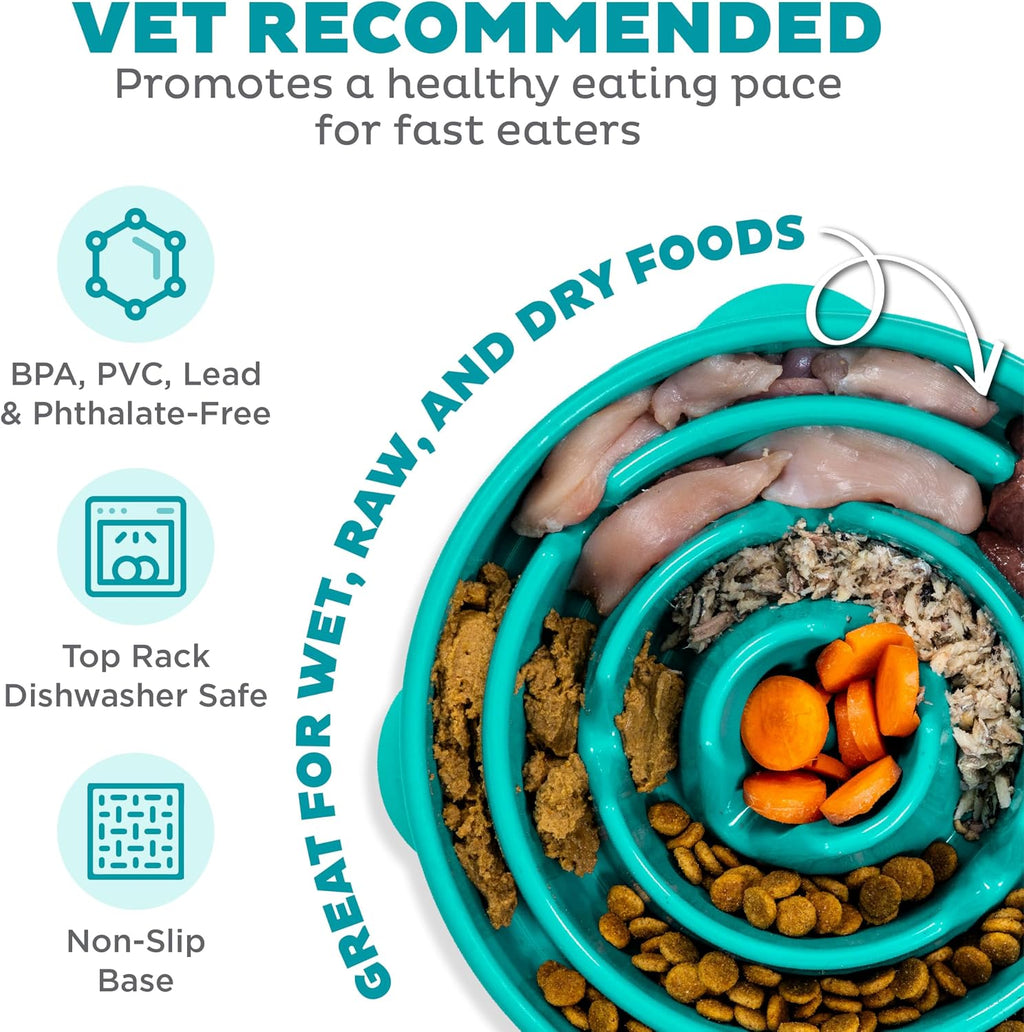 Fun Feeder Slo Bowl – Large 4‑Cup Capacity, Slow Feeding, Medium to Large Dogs, Non‑Slip, Turquoise, Drop Pattern