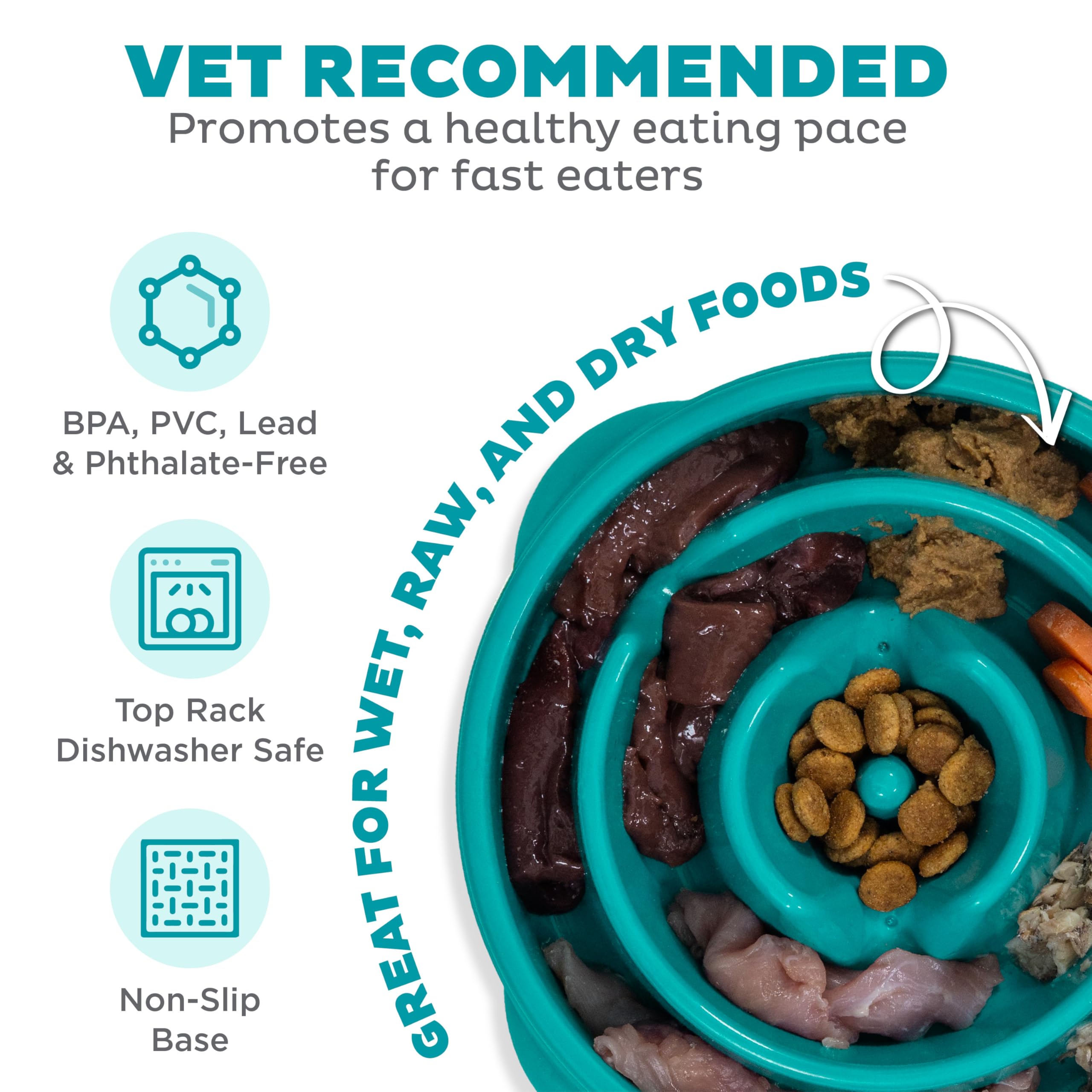 Fun Feeder Slo Bowl – Large 4‑Cup Capacity, Slow Feeding, Medium to Large Dogs, Non‑Slip, Turquoise, Drop Pattern