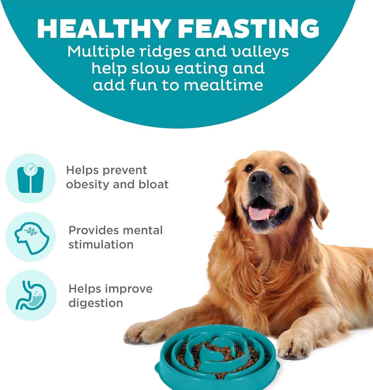 Fun Feeder Slo Bowl – Large 4‑Cup Capacity, Slow Feeding, Medium to Large Dogs, Non‑Slip, Turquoise, Drop Pattern