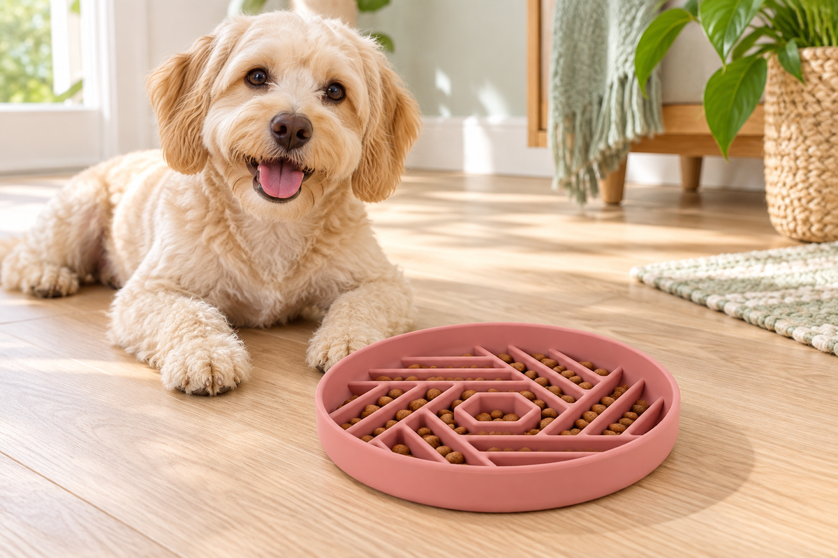 Happy cream-colored dog beside the PAWZENO pink geometric slow-feeder bowl