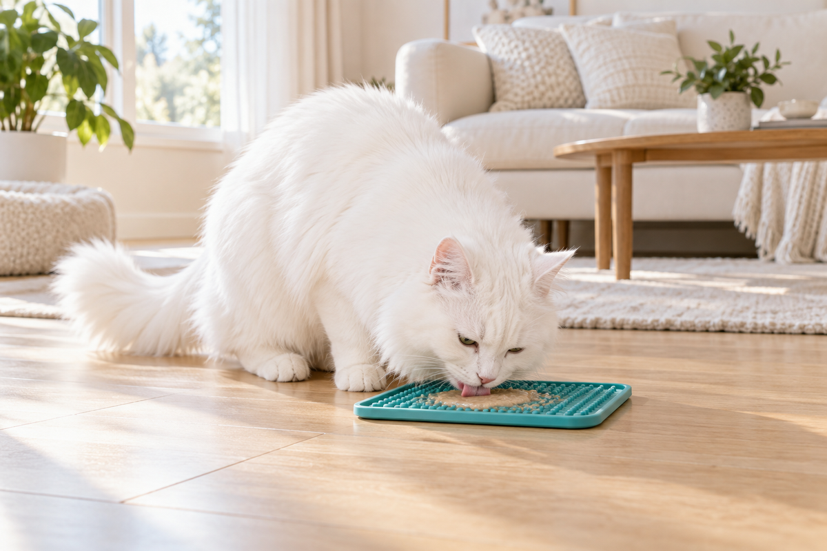 Happy white cat enjoying a teal lick mat in a bright warm home